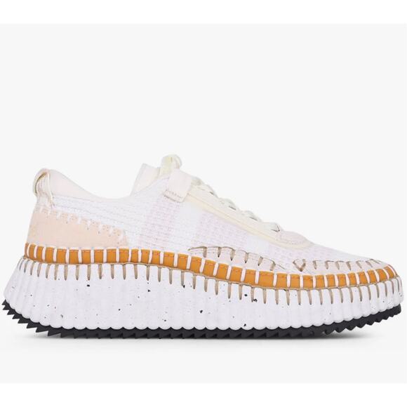 Chloe Nama Embroidered Suede And Recycled Mesh Sneakers in Soft White - Picture 3 of 15